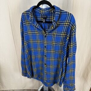 Lands End Blue & Gold Plaid Men's XL Flannel Button Down Long Sleeve Shirt